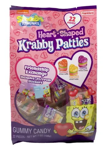 Vista 2 de Patties de cangrejo con forma de corazón de Bob Esponja, 22 unidades, gomitas envueltas individualmente, calcomanías para intercambio de regalos