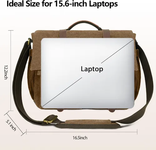 Vista 4 de Bolsa tipo mensajero para hombre, bolsa para laptop de 15.6 pulgadas, bolsa vintage de lona encerada, resistente al agua, maletín de cuero