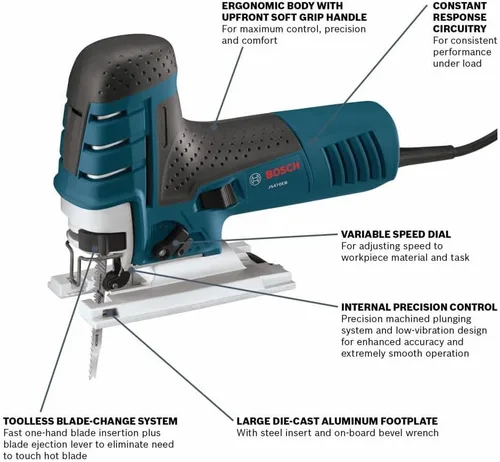 Vista 9 de BOSCH JS470EB - Sierra caladora con agarre de barril con cable, baja vibración de 120 V, velocidad variable de 7 amperios para corte suave de hasta
