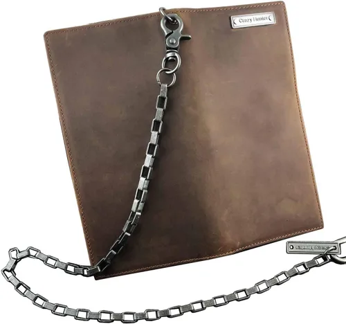 Vista 5 de Monedero de cuero con cadena larga de motociclista para hombre, Marrón