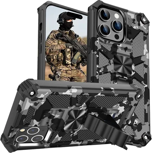 Vista 22 de CCSmall Funda de camuflaje para Apple iPhone 14 para hombres, protección resistente a prueba de golpes con función atril para iPhone 14 MC verde