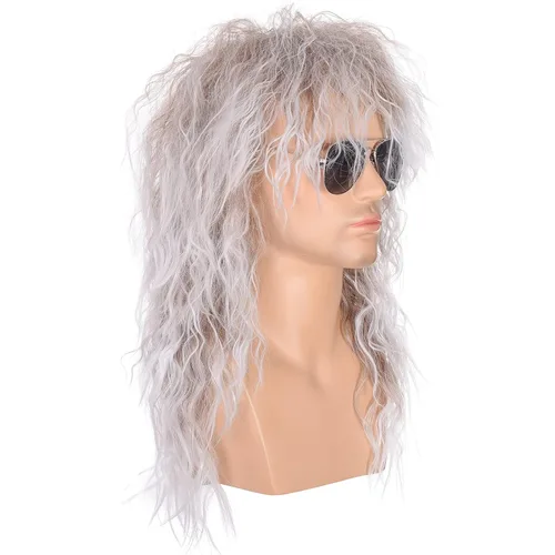 Vista 3 de morvally Pelucas de estilo de los años 80 para hombre, cabello sintético largo y rizado color marrón degradado plateado, metal pesado, peluca