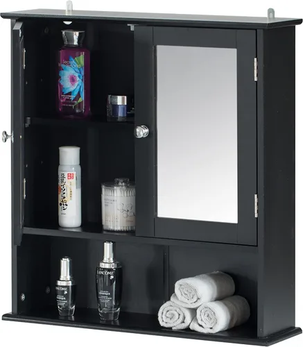Vista 6 de Basicwise Espejo gris montado en la pared baño y tocador con estantes ajustables, gris, (QI004020.GY)