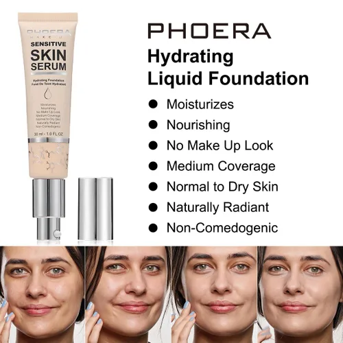 Vista 4 de PHOERA Base de suero hidratante, base de maquillaje hipoalergénica e impecable cobertura completa (N01 porcelana)