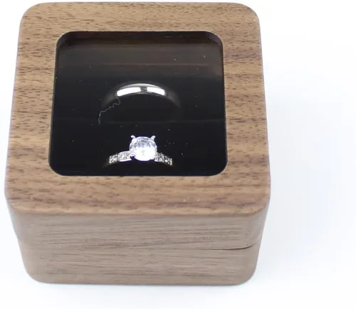 Vista 4 de Caja de anillos de madera cuadrada rústica con tapa transparente, para parejas, caja de compromiso, boda, dos ranuras, terciopelo negro