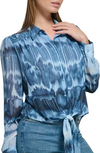 Vista 3 de Calvin Klein Blusa de manga larga estampada con botones y nudo frontal para mujer, talla grande