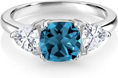 Vista 2 de 925 Sterling Silver Gemstone Birthstone and White Moissanite 3-Stone Engagement Ring for Women 7MM Cushion and 5MM Trillion Accents Three Stone