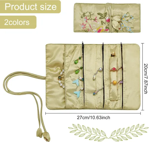 Vista 2 de WEBEEDY Bolsa de joyería de viaje bordada, bolsa de joyería bordada de flores para anillos, collares, aretes, pulsera, organizador con lazo Clos
