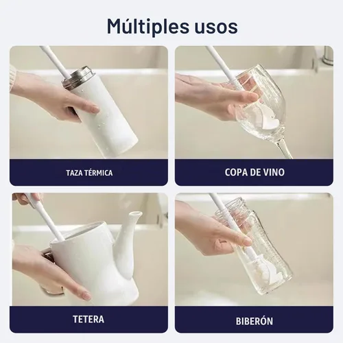 Vista 4 de Cepillo de silicona para botellas, cepillo de agua flexible de cerdas suaves de 360° con mango largo, cepillo de limpieza de tapa de taza para 1
