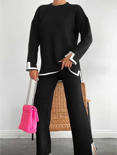 Vista 3 de MaLinfandor Conjunto de 2 piezas de suéter de punto para mujer, sudadera de manga larga, pantalones elásticos de pierna ancha, conjunto de ropa