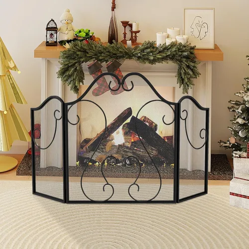 Vista 4 de Tangkula Pantalla de chimenea de 3 paneles, cubierta plegable de protección contra chispas con pergamino decorativo, puerta de chimenea