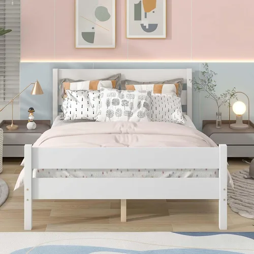 Vista 13 de Base de cama de plataforma de madera de tamaño individual con cabecera y estribo de estilo moderno, marco de cama de madera con patas de soporte