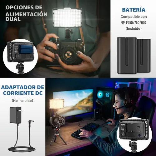 Vista 5 de NEEWER Kit de iluminación de luz de video regulable de 176 LED: Panel LED 176 3200-5600K, batería recargable de iones de litio de 2 piezas, cargador