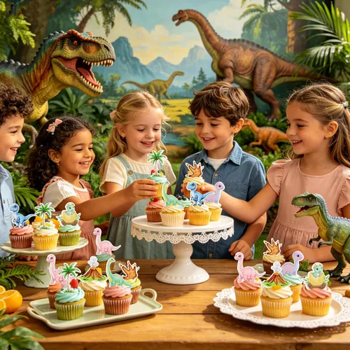 Vista 3 de 40 piezas de dinosaurios comestibles para cupcakes, huevos de dinosaurio volcán, palillos de cupcakes, lindos dinosaurios, selecciones de comida