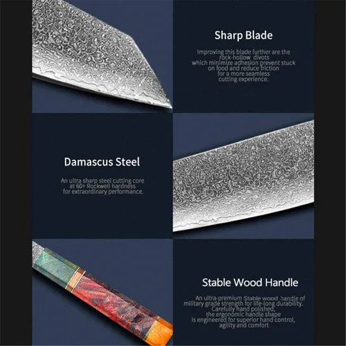 Vista 5 de Waterboss,Cuchillo Kiritsuke de 8 pulgadas,67 capas Damasco Japonés AUS-10 Super Steel Blade,Mango octogonal Wodden Estable,Cuchillo de chef