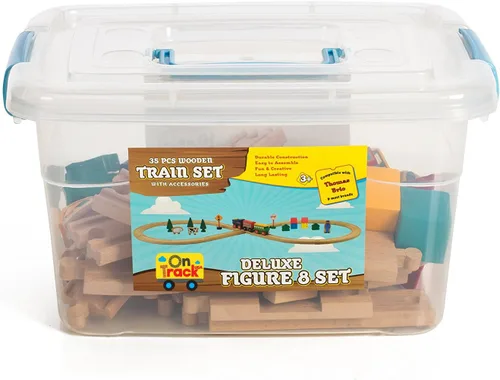 Vista 6 de On Track USA Juego de tren de madera de 35 piezas todo en uno con trenes magnéticos y accesorios ferroviarios, viene en un recipiente transparente