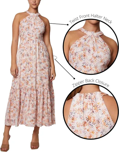 Vista 4 de Laundry by Shelli Segal Vestido midi con cuello halter y falda escalonada para mujer