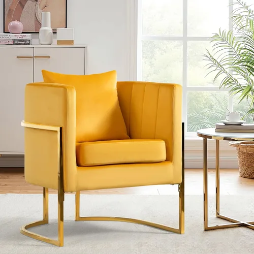 Vista 19 de Silla moderna de cuero, sillón tapizado de mediados de siglo con almohada para sala de estar, cómoda silla de tocador individual con patas doradas