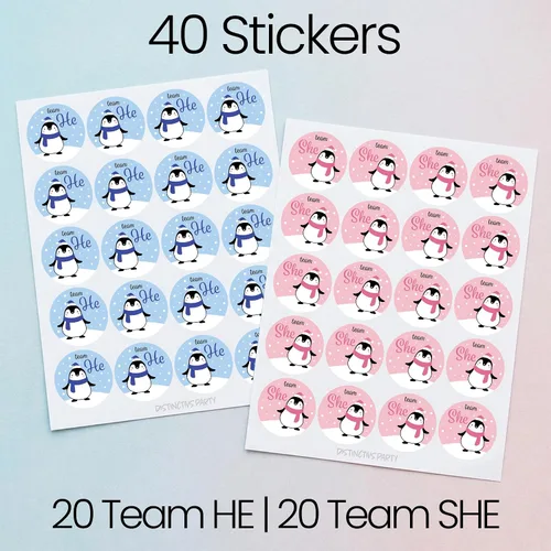 Vista 8 de Waddle It Be? Pegatinas de fiesta de revelación de género de pingüino, equipo él o equipo ella, rosa o azul, 40 unidades 1.75" Round, 20 Team He