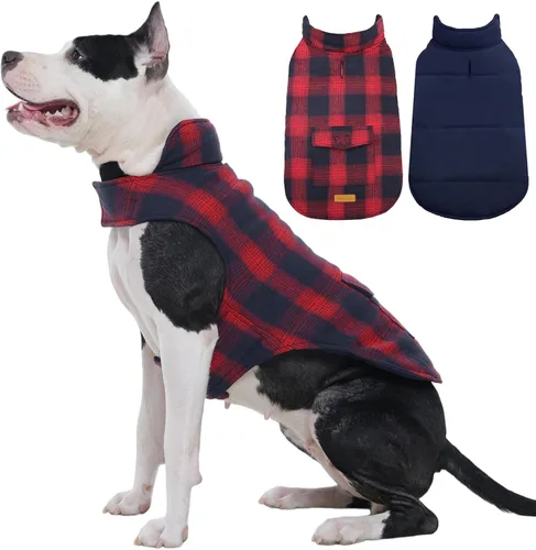 Vista 18 de Kuoser - Abrigo de invierno para perro reversible de estilo británico, abrigo de clima frío para cachorros, ropa resistente al viento, chaleco