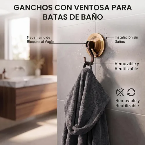 Vista 4 de Ganchos con ventosa, traba resistente, 4 unidades. Oro envejecido