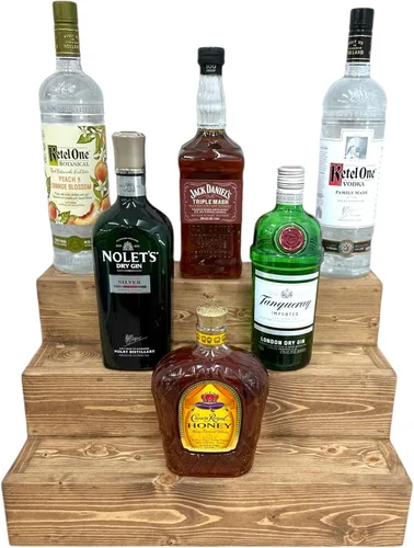 Vista 10 de Estantería de exhibición escalonada hecha a mano, exhibición de barra de tres niveles, organizador de barra, exhibición de botellas de licor