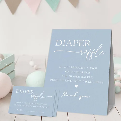 Vista 2 de Juegos de baby shower, 1 letrero de pie para rifas de pañales con 50 boletos para rifas de pañales, decoraciones y suministros para fiesta de baby