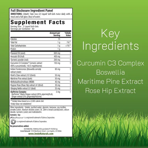 Vista 2 de Irwin Naturals Turmeric+ para todo el cuerpo - BioPerine Complex Absorción Mejorada - 60 cápsulas blandas líquidas