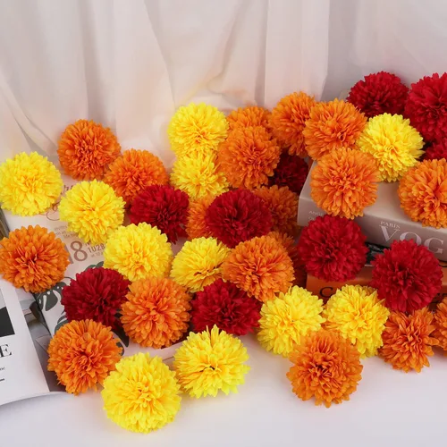 Vista 5 de 40 cabezas de flores de caléndula de 2.75 pulgadas a granel, flores artificiales de caléndula de seda para Diwali, decoración del hogar, guirnalda