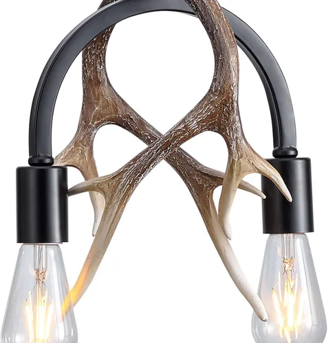 Vista 8 de Candelabro de cornamenta, moderna lámpara de cornamenta de ciervo de 2 luces, lámpara colgante de cornamenta negra de hierro de resina