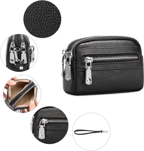 Vista 3 de SENDEFN Monedero para mujer de cuero con doble cremallera alrededor de bolsa pequeña, Negro -, 5256
