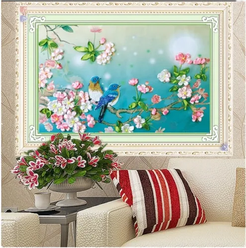 Vista 2 de Kit de bordado de cinta, pájaros cantantes, decoración de pared, kit de bordado de cinta con instrucciones en inglés