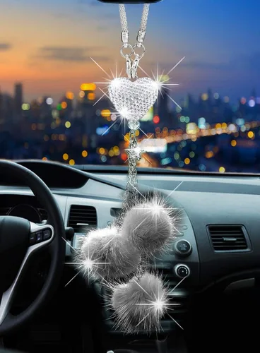 Vista 10 de Glamorosa decoración colgante de espejo de coche con cabeza de zorro azul oscuro, adorno de automóvil con temática animal para mujeres y hombres
