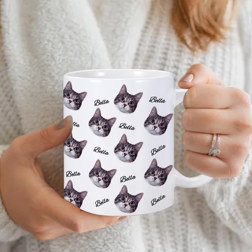 Vista 4 de Taza personalizada con nombre de cara de gato, taza de café personalizada, taza de foto de gato personalizada de 11 onzas, bonitos regalos