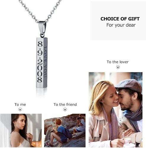 Vista 2 de Collar Diamondidde con dije, personalizable, con nombre, mensaje, de acero inoxidable, cubo, barra vertical, unisex