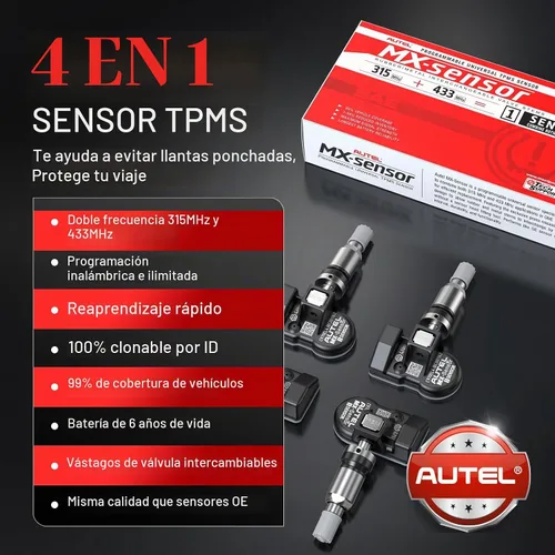 Vista 2 de Autel Juego de 4 sensores TPMS, sensor 1MX de 2 pulgadas 315 MHz + 433 MHz de frecuencia dual, sensor OEM de reemplazo 100% programable, funciona