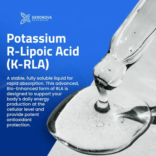 Vista 3 de Geronova Research® La solución R-lipoica, 2 fl oz Líquido de ácido R-lipoico estabilizado en potasio - Salud nerviosa y equilibrio celular - Gotas