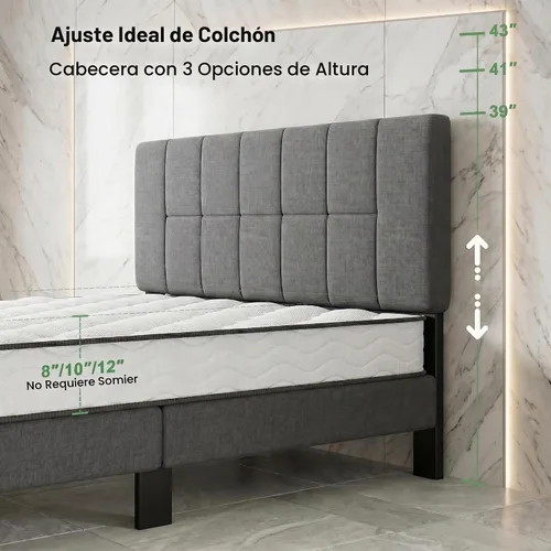 Vista 4 de Marsail Base de cama tapizada de tamaño matrimonial con 2 cajones de almacenamiento, cabecera ajustable, se adapta a colchones de 6 a 12 pulgadas