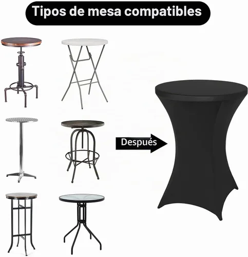 Vista 6 de FestiCorp Mantel de Mesa Negro de Spandex, Manteles Ajustados para Cóctel, Manteles Elásticos Redondos para Mesa Alta para Fiestas, Bar, Bodas