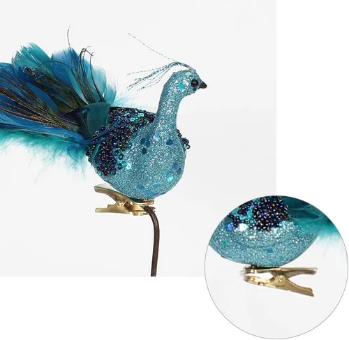 Vista 3 de Adornos de Navidad de pavo real de 12 pulgadas, elegante pájaro de pavo real azul verde azulado decorativo con cola de plumas en clip, adorno de 1