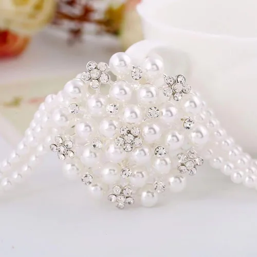 Vista 8 de Conjunto de joyería de gargantilla exagerada y elegante de múltiples capas con perlas de imitación + aretes, collar de novia, accesorios
