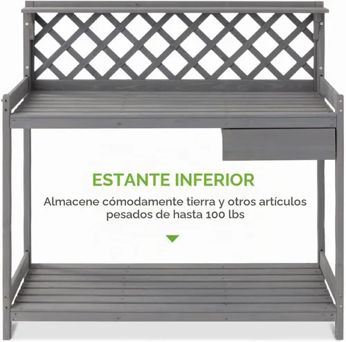 Vista 4 de Best Choice Products Banco para macetas de jardín al aire libre, mesa de trabajo de madera con cajón de gabinete, estante abierto, almacenamiento