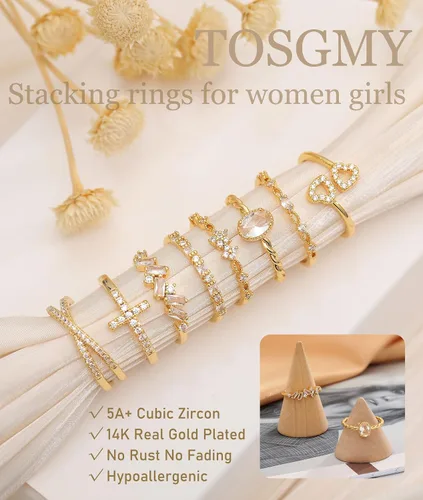 Vista 3 de TOSMGY - Anillos de oro para mujer, no se deslustra, apilables, anillos de compromiso de boda, anillo de oro de 14 quilates para adolescentes