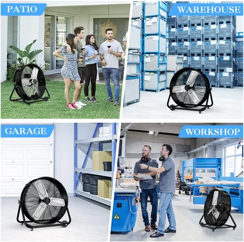 Vista 7 de LifePlus Ventilador de Tambor Industrial de 24 Pulgadas, Ventilador de Piso de Taller de Alta Velocidad, 3 Velocidades, Circulador de Aire de Metal