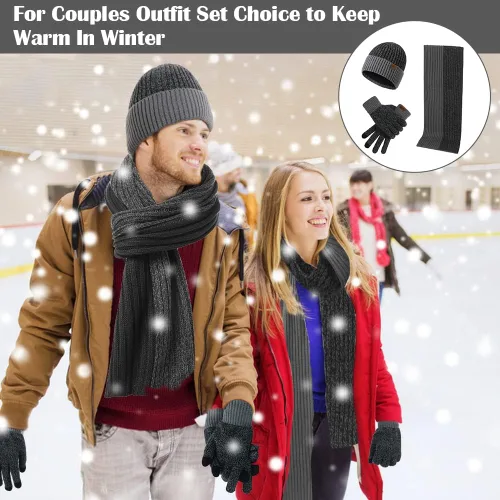 Vista 6 de Guantes para hombre para clima frío invierno cálido de felpa gris oscuro gorro de punto grueso para Navidad Año Nuevo regalo de cumpleaños