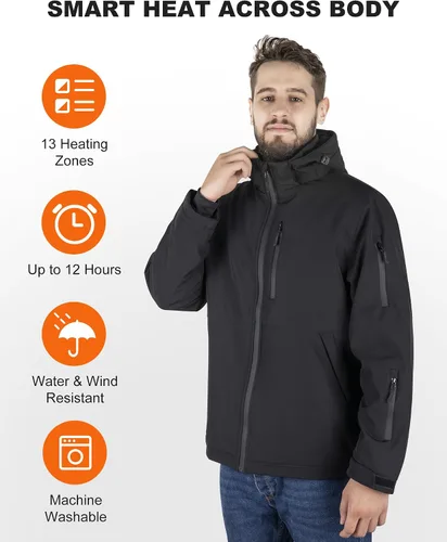 Vista 7 de azamine Chaqueta térmica para hombre con batería de 16000 mAh, abrigo térmico suave resistente al viento con capucha desmontable