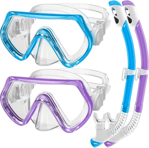 Vista 15 de 2 juegos de equipo de esnórquel para niños de 3 a 14 años, antivaho 180° Clear View Dry Top Snorkel Set, máscara de natación con cubierta nasal