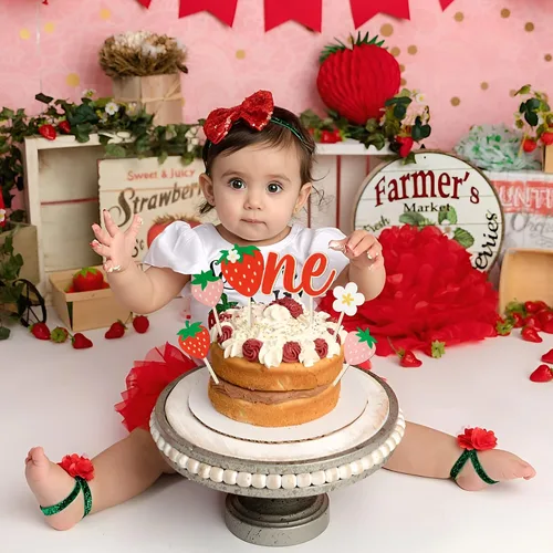 Vista 5 de Decoración para magdalenas de primer cumpleaños, 5 piezas de lindo pastel de margaritas fresas de madera, decoración de pastel para niños de un año