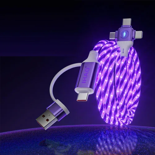 Vista 20 de IHAO Cable de carga multipuerto, 3 combinaciones en un cable USB A a USB C/Micro USB PD, cable de carga rápida iluminado LED que fluye compatible