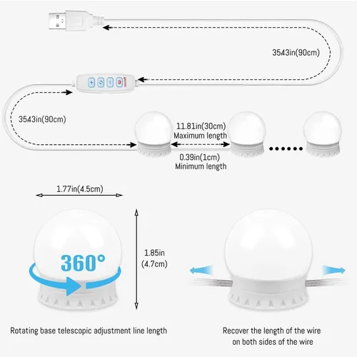 Vista 3 de Luces LED de espejo de tocador estilo Hollywood, luz de relleno USB, temperatura de color ajustable y brillo, adecuada para espejo de cuerpo